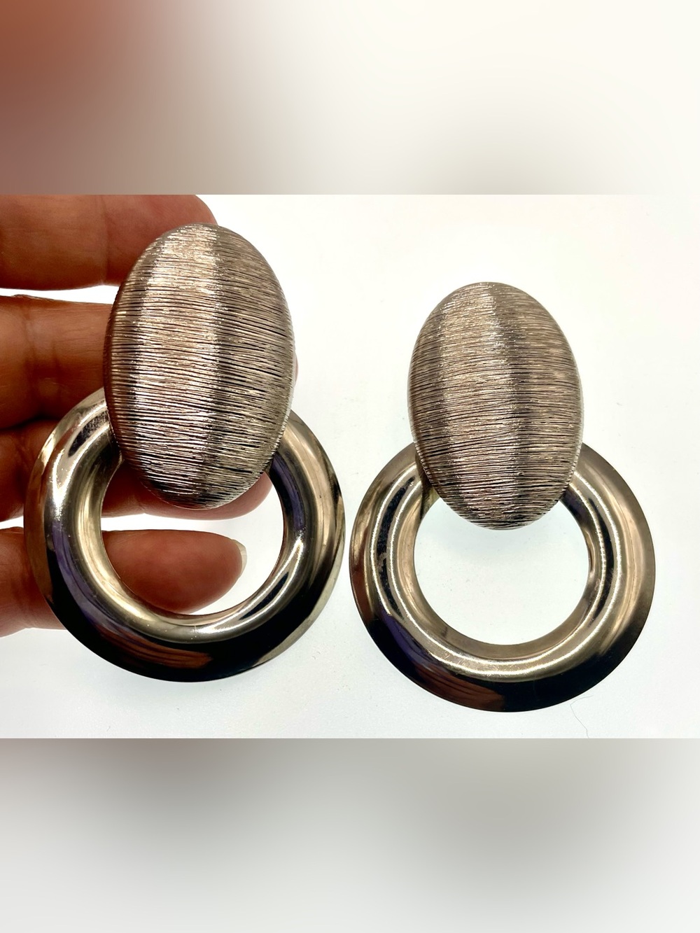 Vintage Oversized Silver Tone Door Knocker Earrings Textured Statement Pierced